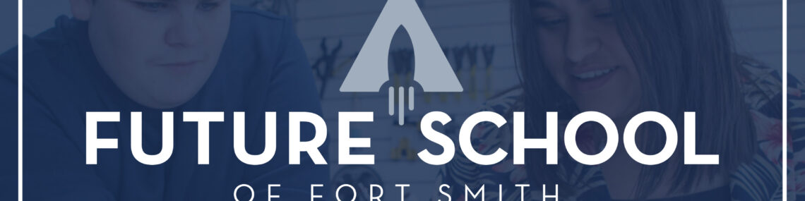 Future School logo on a blue background overlayed on an image with two students