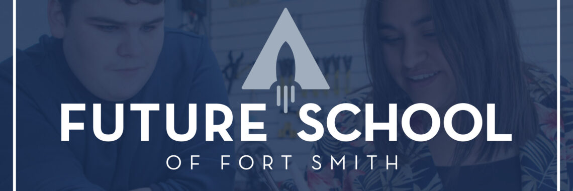 Future School logo on a blue background overlayed on an image with two students