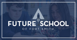 Future School logo on a blue background overlayed on an image with two students